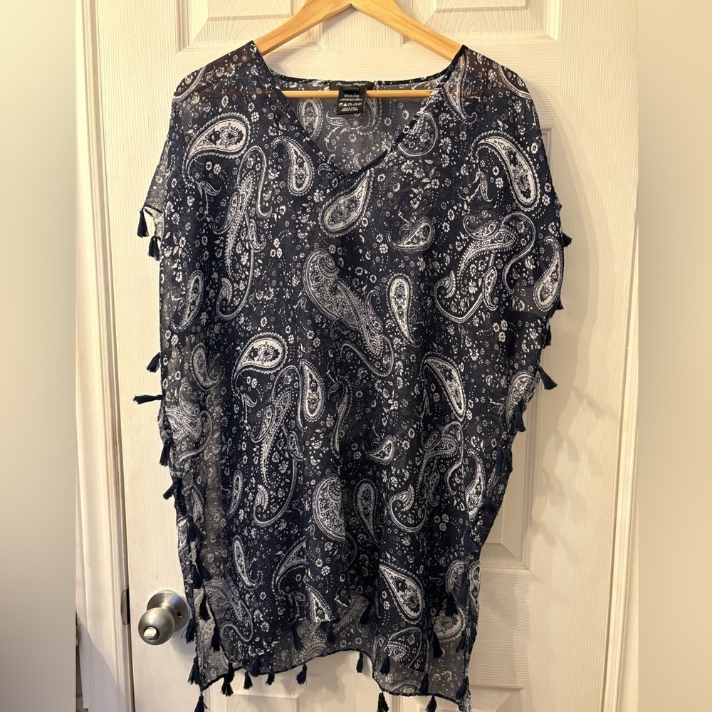 Charlie Paige paisley blue sheer kimono cover up O/S boho v-neck